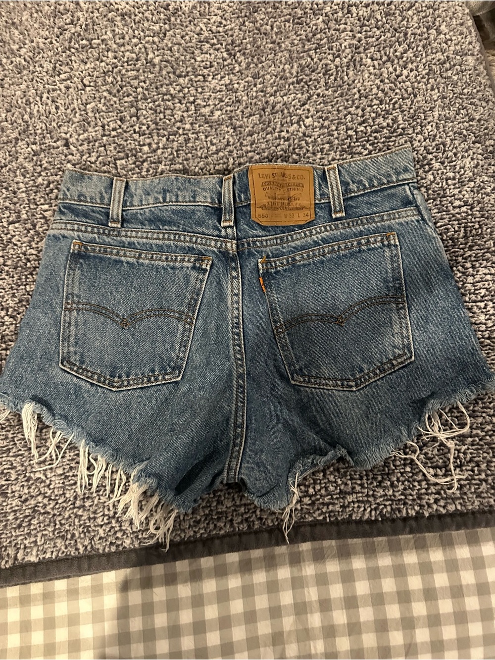 Levi's 550 orange tab Light Blue Denim Frayed Cutoff Shorts